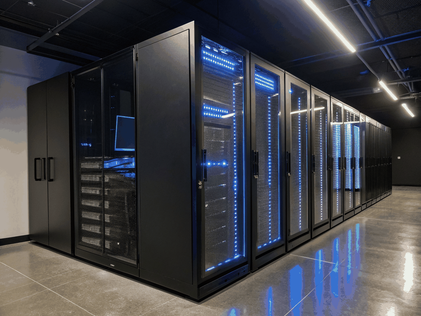Abstract glowing data nodes and server infrastructure representing Miura's digital architecture